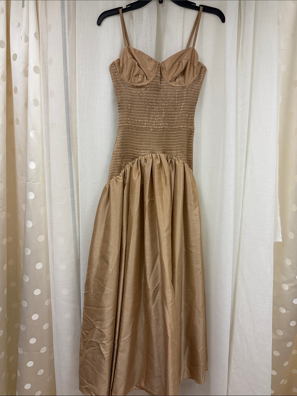 NWOT Anthropology Hutch Strapless Tan Maxi Dress with Fitted Smocked Bodice